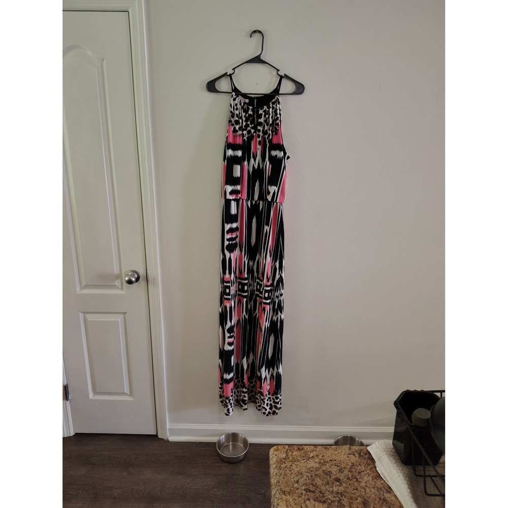 C.‎ Wonder Womens Pink Black Geometric Animal Print Halter Maxi Dress Size 16